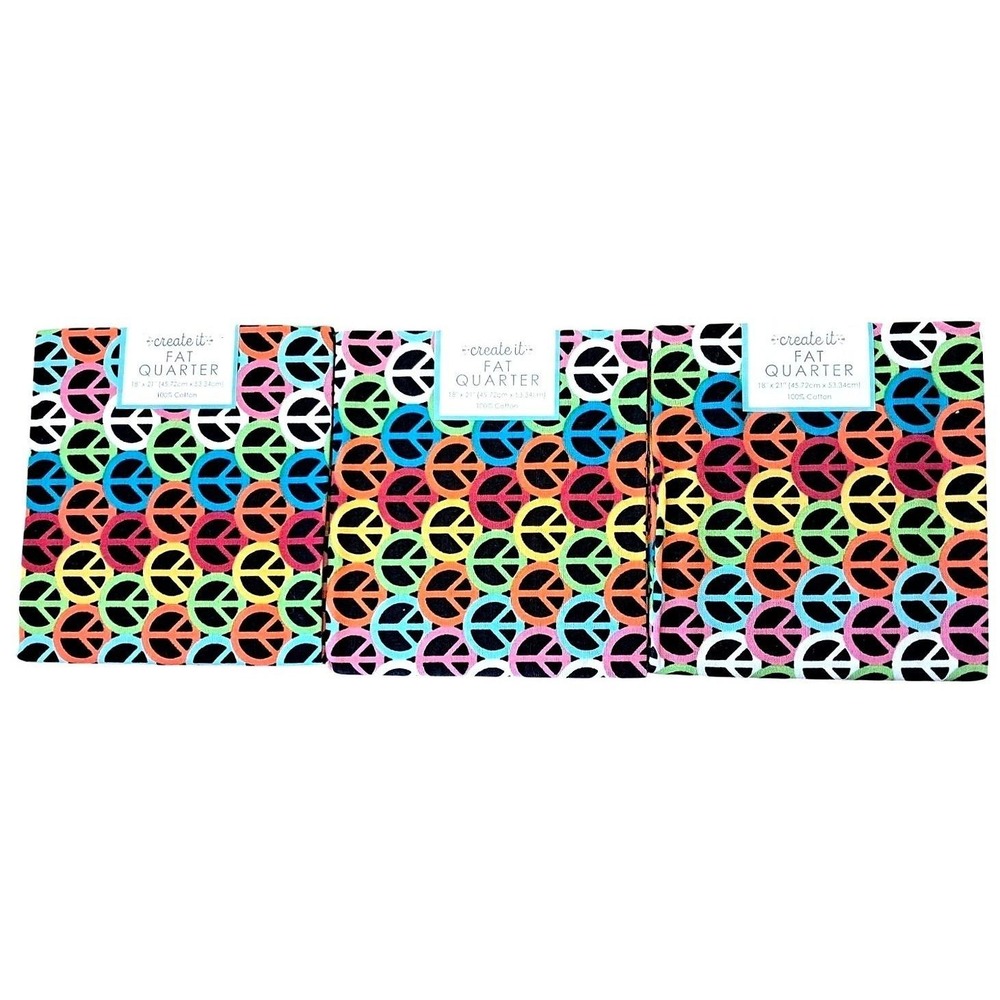 Retro Create It Fat Quarter Fabric Bundle 3pc 18x21 Multicolor Peace Sign Black